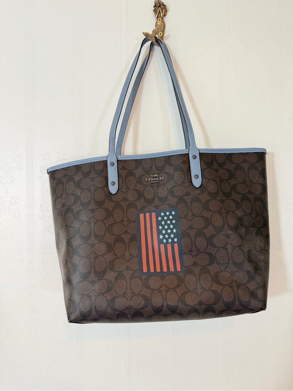 Coach American Flag Tote with Light Blue Trim and Flag